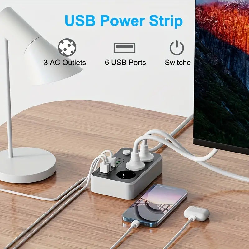 Multifunctional Power Board with 3 AC Outlets and 6 USB Ports